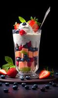 ai gerado delicioso iogurte com fresco bagas dentro uma vidro em Sombrio fundo foto