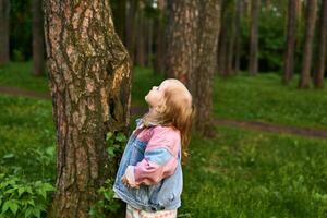 pequeno menina parece às a topo do uma árvore em uma borrado natural fundo foto