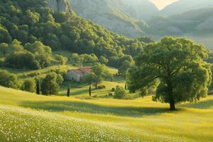 ai gerado lindo Primavera panorama dentro a montanhas com uma pequeno casa em a Colina foto