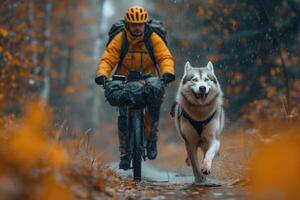 ai gerado rouco cachorro corre com uma ciclista em uma excursão foto