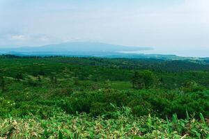 típica panorama do a sulista curilas, Visão do kunashir ilha a partir de a declive do Golovnin vulcão, Mendeleyev vulcão é visível dentro a distância dentro a neblina foto