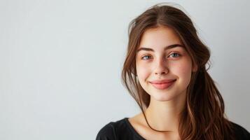 ai gerado retrato do jovem lindo fofa alegre menina sorridente olhando às Câmera sobre branco fundo foto