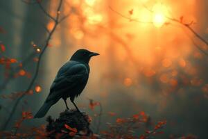 ai gerado Preto pássaro dentro a alvorecer floresta foto