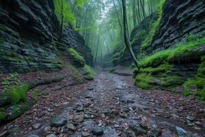 ai gerado rochoso desfiladeiro do uma montanha corrente dentro a floresta foto