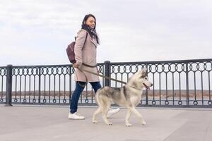 jovem mulher com uma rouco cachorro anda em ao longo a aterro dentro a outono dia foto