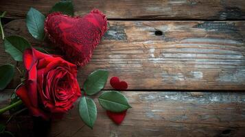 ai gerado feliz dia dos namorados dia cartão com vermelho rosa e tecido coração forma em vintage madeira fundo foto