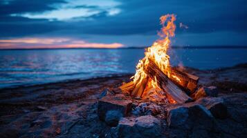 ai gerado costeiro fogueira às crepúsculo com vibrante céu foto