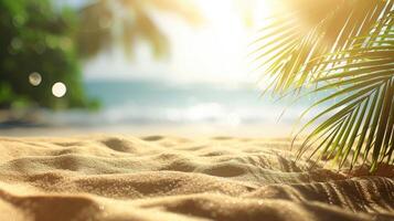 ai gerado areia com borrado Palma e tropical de praia bokeh fundo, verão período de férias e viagem conceito. cópia de espaço foto