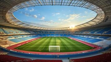 ai gerado 3d render do uma lindo moderno futebol estádio com vermelho assentos e vip caixas para cem mil fãs foto