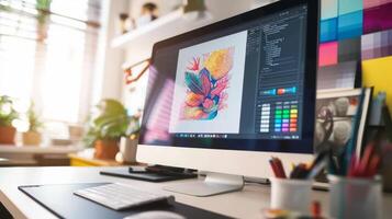 ai gerado gráfico designer vibrante área de trabalho com ilustração em monitor foto