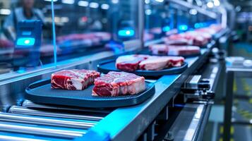 ai gerado automatizado carne em processamento em transportador cinto dentro moderno fábrica foto