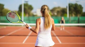 ai gerado jovem mulher jogando tênis em a tribunal. esporte e saudável estilo de vida. foto