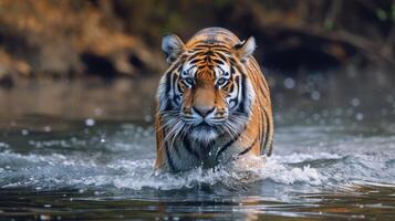 ai gerado Amur tigre caminhando dentro a água. perigoso animal foto