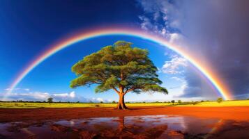 ai gerado majestoso arco Iris arqueamento sobre solitário árvore foto