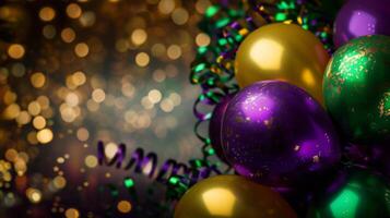 ai gerado roxo, verde e ouro balões com bokeh luz fundo. mardi gras carnaval decoração foto