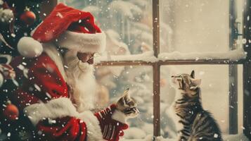 ai gerado santa claus e fofa engraçado gatos. Natal cartão conceito vintage estilo foto