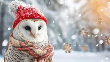 ai gerado lindo Nevado coruja dentro inverno de lã chapéu e tricotado cachecol foto