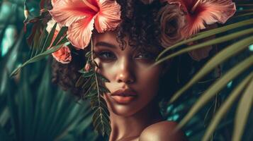 ai gerado moda retrato do jovem lindo mulher com exótico flores dentro cabelo foto