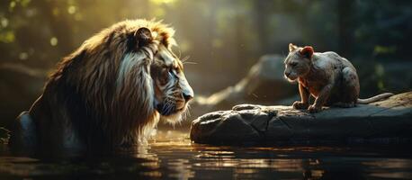 ai gerado majestoso leão e leoa dentro a região selvagem foto