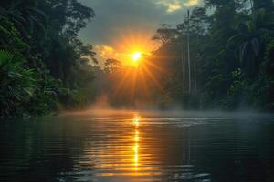 ai gerado nascer do sol dentro uma nebuloso tropical floresta tropical durante rio inundar foto