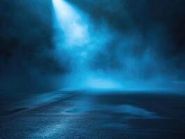ai gerado Sombrio esvaziar cena, azul néon holofote luz, molhado asfalto, fumaça, noite visualizar, raios foto