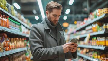 ai gerado jovem atraente homem dentro cinzento casaco Faz compras dentro a supermercado e digitando telefone foto