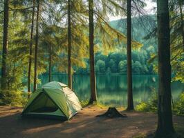 ai gerado acampamento verde barraca dentro floresta perto lago foto