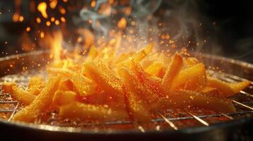 ai gerado cozinhando francês fritas dentro a profundo frigideira, crocantes fritas, lixo Comida concep foto