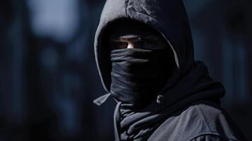 ai gerado Criminoso vestindo Preto balaclava e moletom com capuz dentro a Sombrio foto