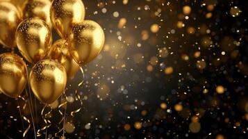ai gerado aniversário dourado balões fundo Projeto feliz aniversário dourado balão e confete decoração elemento para nascimento dia celebração cumprimento cartão Projeto foto