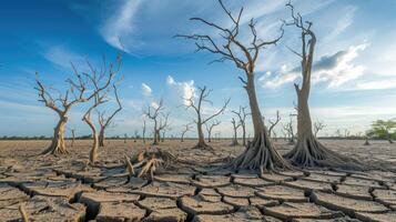 ai gerado morto árvores em seco rachado terra metáfora seca, água crise e mundo clima mudar. foto