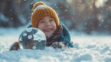 ai gerado feliz pequeno criança Garoto deitado dentro neve com grande neve globo. feliz inverno feriados conceito. Lugar, colocar para texto do positivo notícias, anúncio. foto