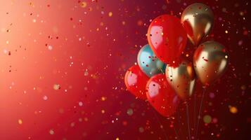 ai gerado aniversário vermelho balões fundo Projeto feliz aniversário dourado balão e confete decoração elemento para nascimento dia celebração cumprimento cartão Projeto foto