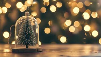 ai gerado Natal árvore dentro uma vidro cúpula em pé em uma mesa, uma fragmento do a Natal árvore e bokeh luzes dentro a fundo foto