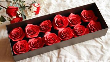 ai gerado romântico vermelho rosas presente caixa para uma sincero dia dos namorados dia cartão foto