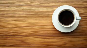 ai gerado topo Visão café com branco copo em madeira mesa. foto