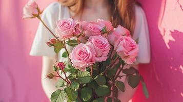 ai gerado a menina é segurando uma ramalhete do fresco Rosa rosas. foto