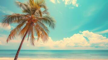 ai gerado Palma árvore em tropical de praia com azul céu e branco nuvens abstrato fundo. cópia de espaço do verão período de férias e o negócio viagem conceito. vintage tom filtro efeito cor estilo foto