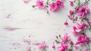 ai gerado flores composição para dia dos namorados, mãe ou mulheres dia. Rosa flores em velho branco de madeira fundo. natureza morta. foto