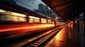 trem dentro a cidade às noite com movimento borrão foto