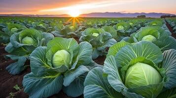 ai gerado pôr do sol sobre exuberante repolho campo foto