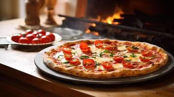 ai gerado pizza com tomates e mozzarella dentro uma rústico forno foto