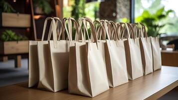 papel compras bolsas em de madeira mesa dentro café fazer compras foto