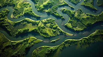 aéreo Visão do uma pequeno rio dentro a meio do verde floresta foto