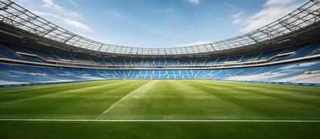 ai gerado esvaziar futebol estádio com verde Relva e azul céu. 3d render foto