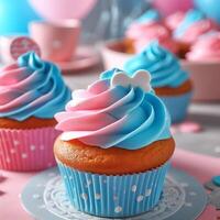 ai gerado Bolinho com azul e Rosa creme para uma gênero festa foto