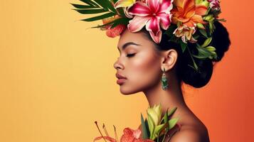 ai gerado moda retrato do jovem lindo mulher com exótico flores dentro cabelo foto