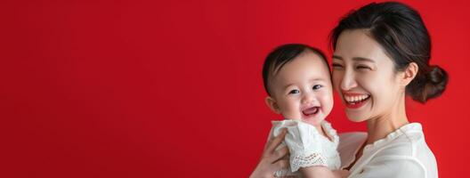 ai gerado feliz mãe abraçando dela adorável bebê em vermelho fundo. feliz mãe dia com cópia de espaço, amoroso mãe carinho dela recém-nascido bebê foto