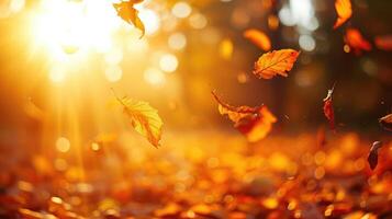 ai gerado animado fechar-se do queda outono folhas com vibrante luz de fundo a partir de a configuração Sol foto