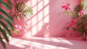 ai gerado abstrato Rosa cor gradiente estúdio fundo para produtos apresentação. esvaziar quarto com sombras do janela e flores e Palma folhas foto